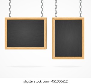 Black Board Sign Hanging On Chains Isolated On White Background. Vector Illustration