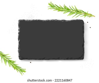 Black board stone mockup with rosemary. Vector illustration isolated on white background. Great for presenting your product. EPS10.	