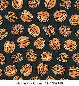 Black Board. Walnut Seamless Endless Pattern. Whole and Peeled Walnuts. Autumn or Fall Harvest Collection. Realistic Hand Drawn High Quality Vector Illustration. Doodle Style.
