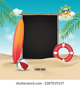 black board with wooden frame with summer background, summer background