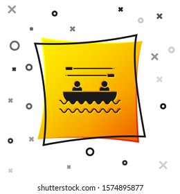 Black Boat with oars and people icon isolated on white background. Water sports, extreme sports, holiday, vacation, team building. Yellow square button. Vector Illustration