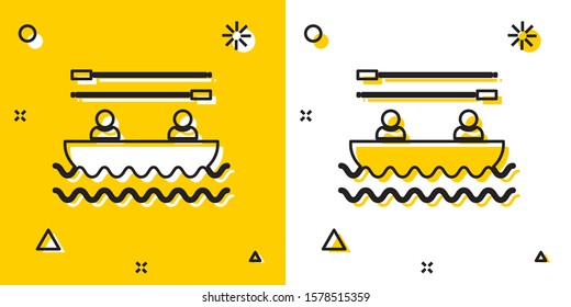 Black Boat with oars and people icon isolated on yellow and white background. Water sports, extreme sports, holiday, vacation, team building. Random dynamic shapes. Vector Illustration