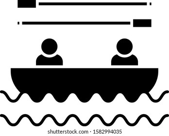 Black Boat with oars and people icon isolated on white background. Water sports, extreme sports, holiday, vacation, team building.  Vector Illustration