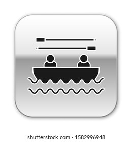 Black Boat with oars and people icon isolated on white background. Water sports, extreme sports, holiday, vacation, team building. Silver square button. Vector Illustration