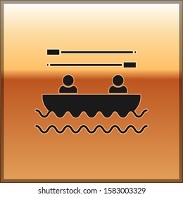 Black Boat with oars and people icon isolated on gold background. Water sports, extreme sports, holiday, vacation, team building.  Vector Illustration