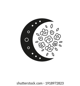 Black bohemian crescent moon with outline flowers isolated on white background. Mystic witchy illustration. Boho chic silhouette.