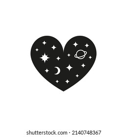 Black boho celestial heart with stars and planet isolated on white background. Outer space.