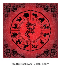 Black boho dragon on red background  illustration