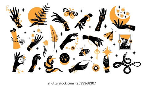 Black boho hands. Abstract womans tattooed hands with jewelry, vintage fashion bracelets and rings, mystic esoteric boho symbols. Vector isolated set.