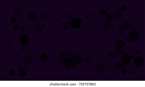 Black bokeh circles on a dark purple background. Dirty horizontal vector banner. Falling bokeh circles confetti. Hipster grunge design element. Dark sky overlay. 