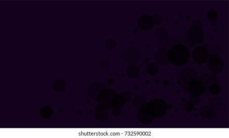 Black bokeh circles on a dark purple background. Dirty horizontal vector banner. Falling bokeh circles confetti. Hipster grunge design element. Dark sky overlay. 