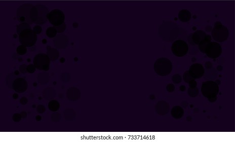 Black bokeh circles on a dark purple background. Dirty horizontal vector banner. Falling bokeh circles confetti. Hipster grunge design element. Dark sky overlay. 
