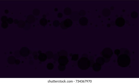 Black bokeh circles on a dark purple background. Dirty horizontal vector banner. Falling bokeh circles confetti. Hipster grunge design element. Dark sky overlay. 