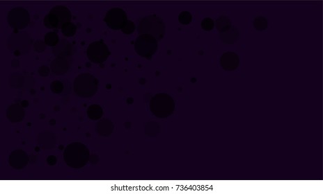 Black bokeh circles on a dark purple background. Dirty horizontal vector banner. Falling bokeh circles confetti. Hipster grunge design element. Dark sky overlay. 