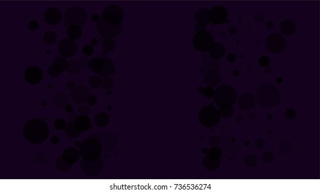 Black bokeh circles on a dark purple background. Dirty horizontal vector banner. Falling bokeh circles confetti. Hipster grunge design element. Dark sky overlay. 