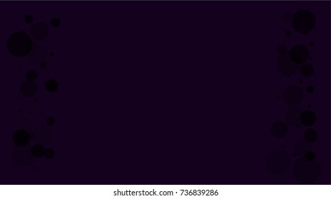 Black bokeh circles on a dark purple background. Dirty horizontal vector banner. Falling bokeh circles confetti. Hipster grunge design element. Dark sky overlay. 