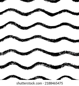 Black bold charcoal wavy lines seamless pattern. Abstract background with wavy brush strokes. Template for prints, wrapping paper, fabrics, posters. Hand drawn simple curved lines. 
