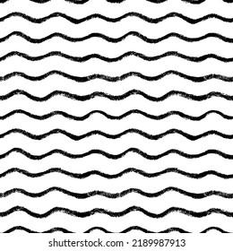 Black bold charcoal wavy lines seamless pattern. Abstract background with wavy brush strokes. Template for prints, wrapping paper, fabrics, posters. Hand drawn simple curved lines. 