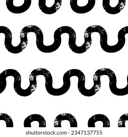 Las líneas onduladas de ondulación negra del carbón vegetal se caracterizan por un patrón sin fisuras. Fondo abstracto con trazos de pincel ondulado. Las líneas curvas simples dibujadas a mano. Sólidos para impresiones, papel envolvente, tejidos, carteles.
