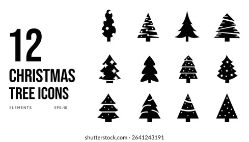 Black Bold Christmas Icons  Solid Tree Logo Pack  Festive Black Icon Set for Web and Print