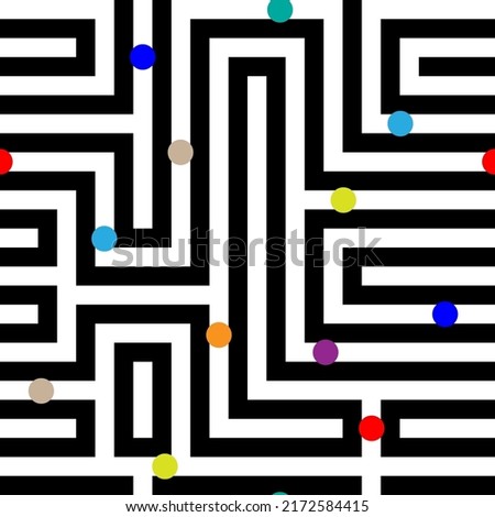 Black bold curved lines and bright multi-colored small balls isolated on a white background. Labyrinth. Cute striped geometric seamless pattern. Vector simple flat graphic illustration. Texture.