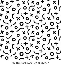 Líneas curvas negrita y negras con círculos y cruza un patrón sin fisuras. ondas aleatorias caóticas, líneas y x o. Formas geométricas dibujadas a mano con textura de pincel seca. Ornamento vectorial de Grunge. 