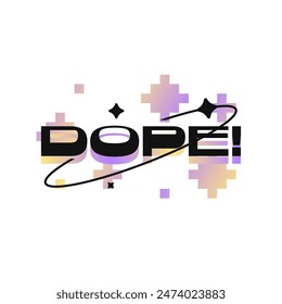 Black Bold 'DOPE' Typography with Hologram Foil Purple and Yellow Gradient, Y2K Flat Style Illustration
