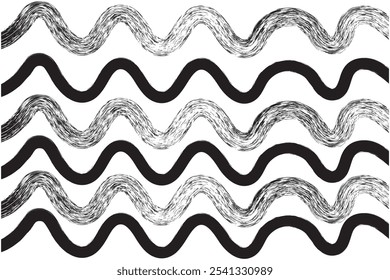 Black bold grunge wavy lines. Abstract zigzag textured brush wave vector strokes.