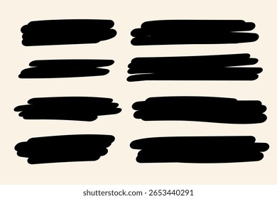 Traçados e realces de marcador em negrito preto. Marca-texto desenhado à mão para sublinhado, ênfase e composições gráficas modernas.