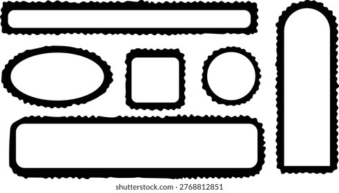 Black Bold Rough Edged Border Set with Textured Outline Geometric Shapes Including Rectangle Circle and Oval Isolated on White Background