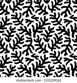 Black bold spruce branches seamless pattern. Hand drawn naive style, childish drawing. Seamless pattern with Christmas tree and pine fir branches. Stylized botanical elements. Christmas ornament.
