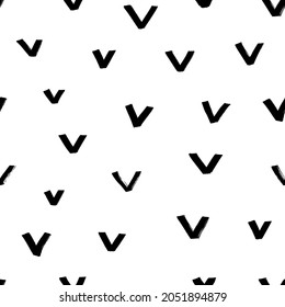 Black bold triangles vector seamless pattern. Hand drawn geometric abstract background. Black paint dry brushstroke with rough edges. Hipster monochrome print with ticks. Ornament with check marks.