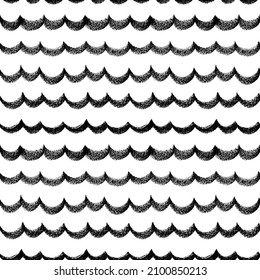 Black bold wavy line seamless pattern. Vector ripple texture on white background. Simple grunge waves. Black curly brush strokes, ocean and sea linear shape. Modern ink illustration with rough stripes