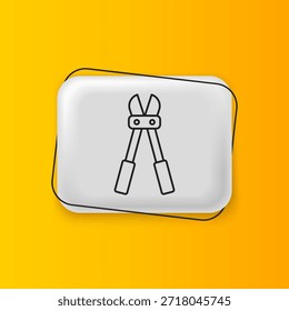 Icono negro del cortador del perno aislado en fondo amarillo. Tijeras para herramientas de barras de refuerzo. Botón rectángulo plateado. Vector