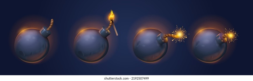 Black Bomb Balls With Burning Fuse And Match With Fire, Explosive Dynamite With Rope Wick. Isolated Dangerous Destruction Spheres With Sparks Graphic Design Elements, Realistic 3d Vector