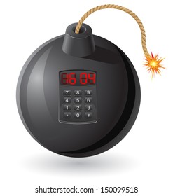 black bomb with a burning fuse and clockwork vector illustration isolated on white background