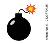A black bomb with a burning fuse and explosion, representing danger, destruction, and chaos, used for warning or educational purposes