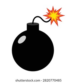 A black bomb with a burning fuse and explosion, representing danger, destruction, and chaos, used for warning or educational purposes