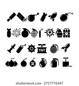Bomba negra e iconos explosivos en estilo de silueta plana. Colección de TNT, granadas, misiles, dinamita y explosiones aisladas en blanco, ideal para recursos de juego, interfaz de usuario, advertencia y Diseño gráfico.