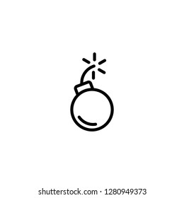 Black bomb. line flat  icon. Round glossy inclined to the right bomb with fuse and fire. isolated on white. Vector illustration. 