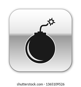 Black Bomb ready to explode icon isolated on white background. Silver square button. Vector Illustration
