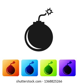 Black Bomb ready to explode icon isolated on white background. Set icon in color square buttons. Vector Illustration