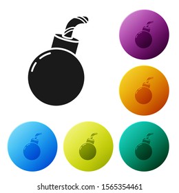 Black Bomb ready to explode icon isolated on white background. Happy Halloween party. Set icons colorful circle buttons. Vector Illustration