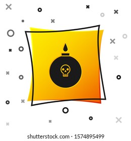 Black Bomb ready to explode icon isolated on white background. Yellow square button. Vector Illustration