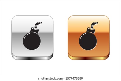 Black Bomb ready to explode icon isolated on white background. Happy Halloween party. Silver-gold square button. Vector Illustration