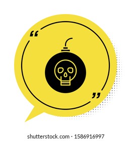 Black Bomb ready to explode icon isolated on white background. Happy Halloween party. Yellow speech bubble symbol. Vector Illustration
