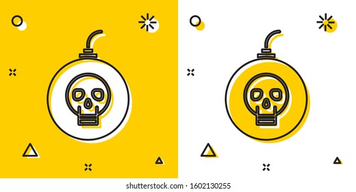 Black Bomb ready to explode icon isolated on yellow and white background. Happy Halloween party. Random dynamic shapes. Vector Illustration