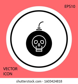 Black Bomb ready to explode icon isolated on red background. Happy Halloween party. White circle button. Vector Illustration