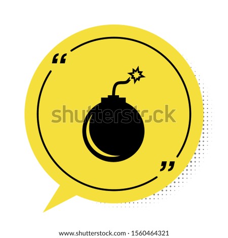 Black Bomb ready to explode icon isolated on white background. Yellow speech bubble symbol. Vector Illustration