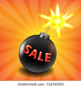 Black Bomb With Sunburst, With Gradient Mesh, Isolated On Orange Background, Vector Illustration
